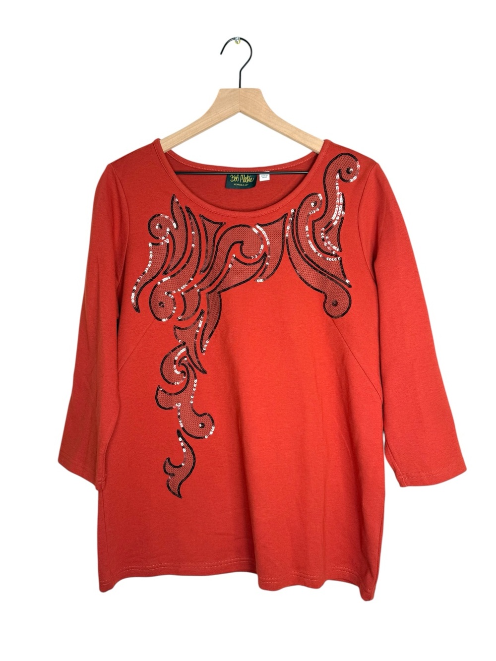 Bob Mackie Wearable Art Sequin Tunic Top Large Russet 3/4 Sleeve